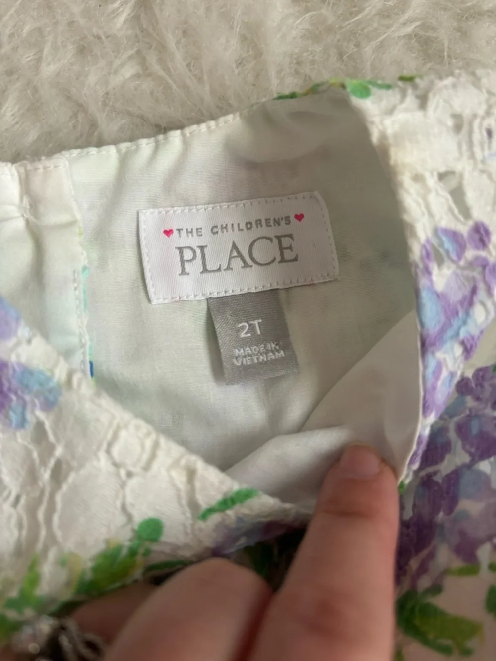 The Children's Place White Lace Spring Pastel Floral Dress with Purple Ribbon
